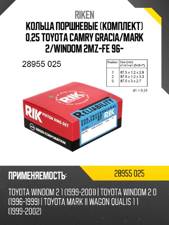 Кольца поршневые комплект 0,25 toyota camry gracia riken 28955 025