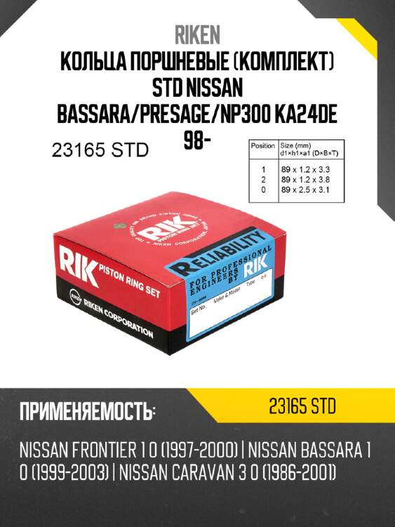 Кольца поршневые комплект std nissan bassara riken 23165 std