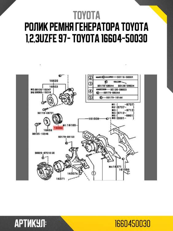 Ролик ремня генератора toyota 1,2,3uzfe 97- toyota 16604-50030