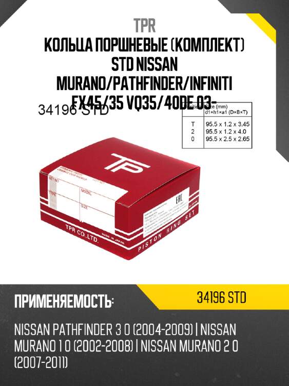 Кольца поршневые комплект std nissan murano tpr 34196 std