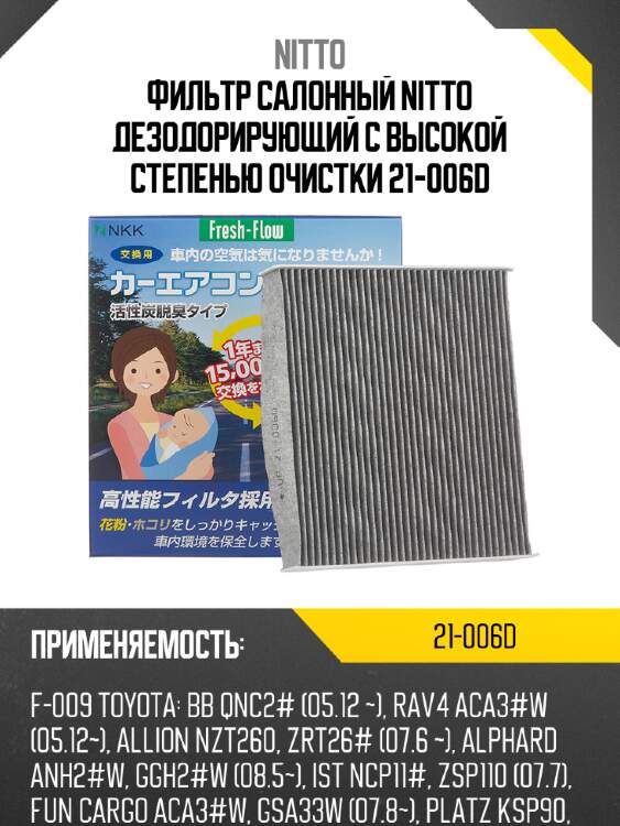 Фильтр салонный nitto дезодорирующий с высокой степенью очистки 21-006d