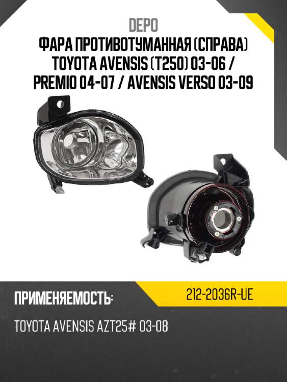 Фара противотуманная справа toyota avensis t250 03-06  depo 212-2036r-ue