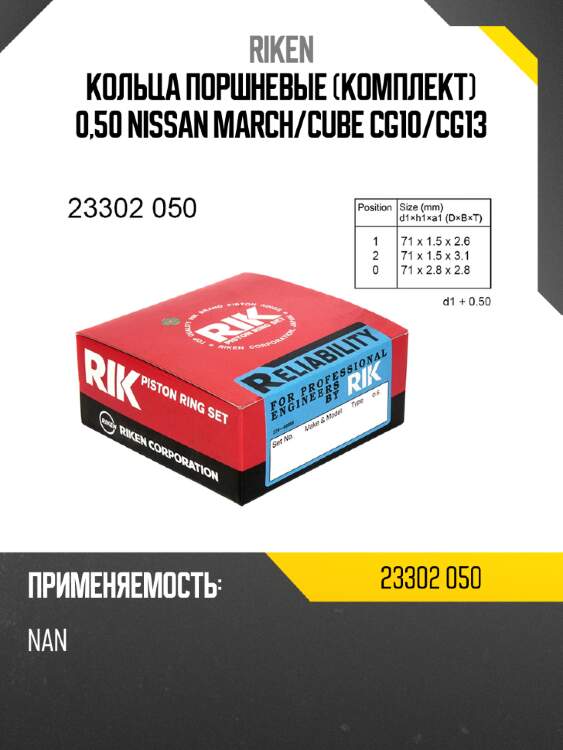 Кольца поршневые комплект 0,50 nissan march riken 23302 050