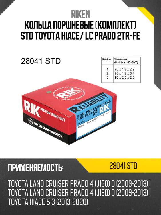 Кольца поршневые комплект std toyota hiace riken 28041 std
