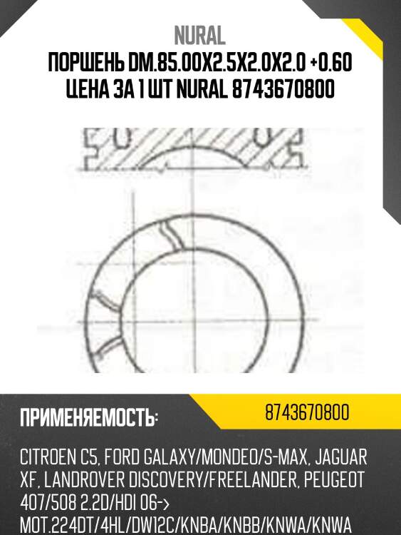 Поршень dm.85.00x2.5x2.0x2.0 +0.60 цена за 1 шт nural 8743670800