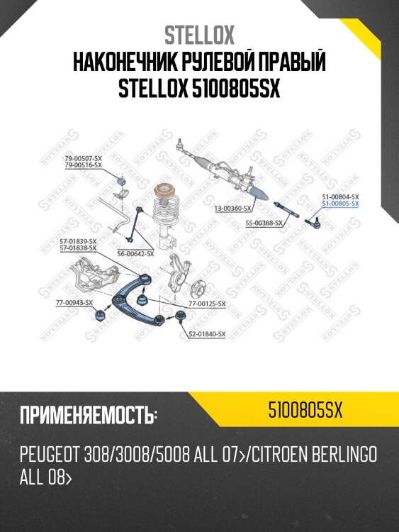 Наконечник рулевой правый, peugeot 308/3008/5008 all 07-/citroen berlingo all 08-