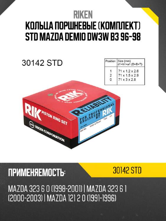 Кольца поршневые комплект std mazda demio dw3w b3 96-98 riken 30142 std