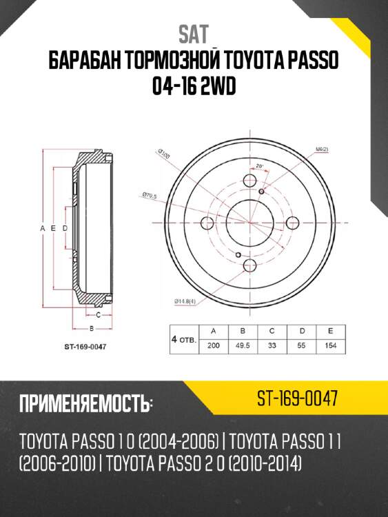 Барабан тормозной toyota passo 04-16 2wd sat st-169-0047