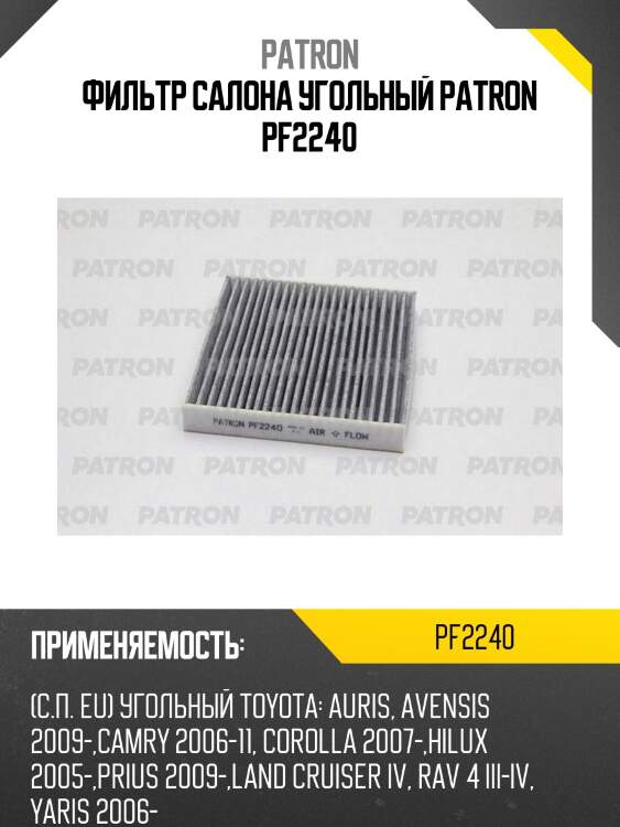 Фильтр салона угольный patron pf2240