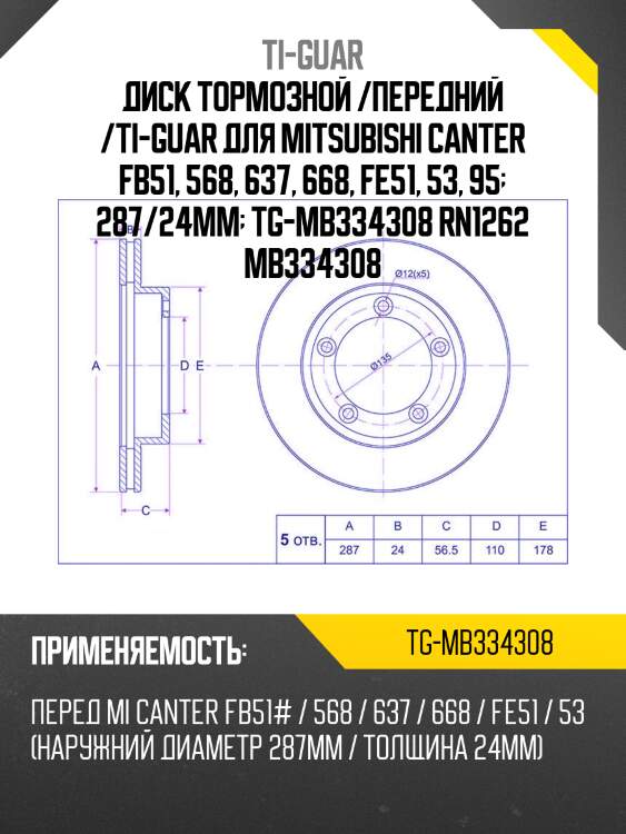 Диск тормозной /передний /ti-guar для mitsubishi canter fb51, 568, 637, 668, fe51, 53, 95  287/24мм  tg-mb334308 rn1262 mb334308