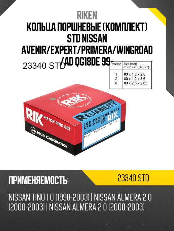 Кольца поршневые комплект std nissan avenir riken 23340 std