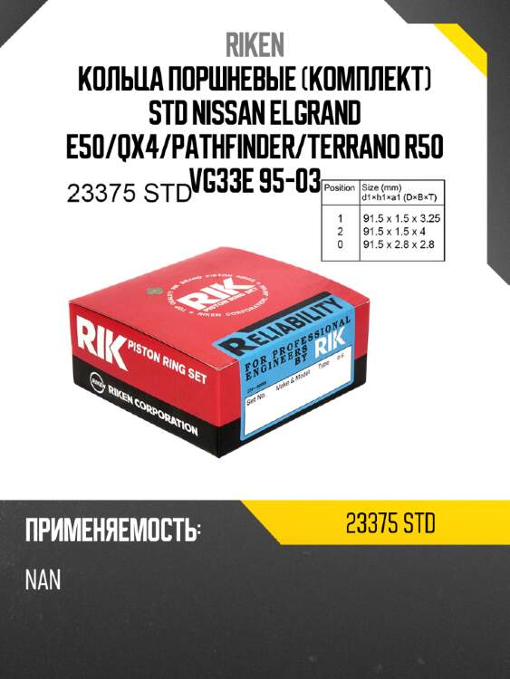 Кольца поршневые комплект std nissan elgrand e50 riken 23375 std