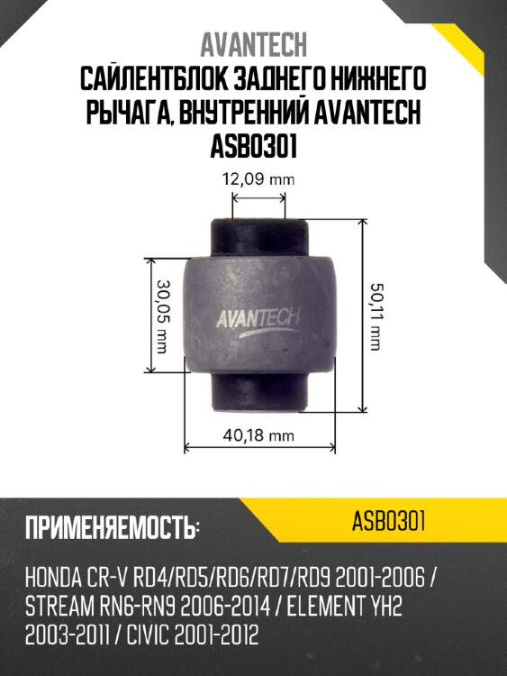 Сайлентблок заднего нижнего рычага, внутренний avantech asb0301