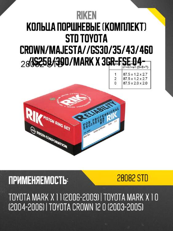 Кольца поршневые комплект std toyota crown riken 28082 std