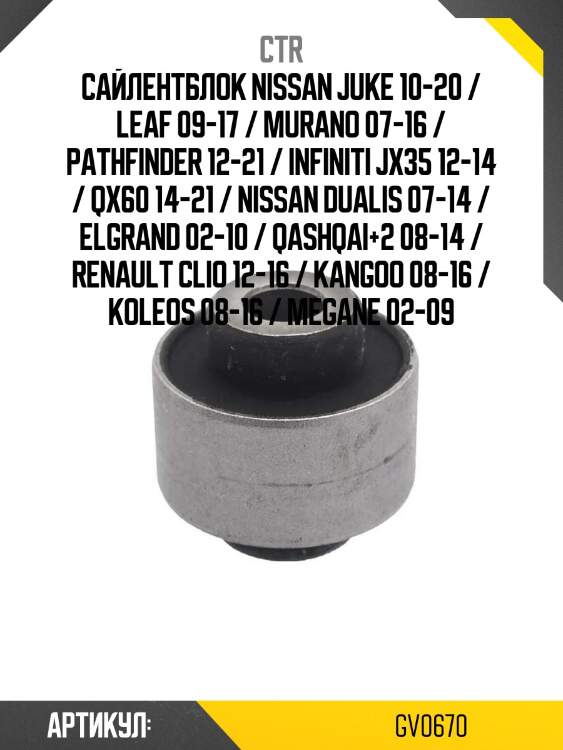 Сайлентблок nissan juke 10-20 / leaf 09-17 / murano 07-16 / pathfinder 12-21 / infiniti jx35 12-14 / qx60 14-21 / nissan dualis 07-14 / elgrand 02-10 / qashqai+2 08-14 / renault clio 12-16 / kangoo 08-16 / koleos 08-16 / megane 02-09
