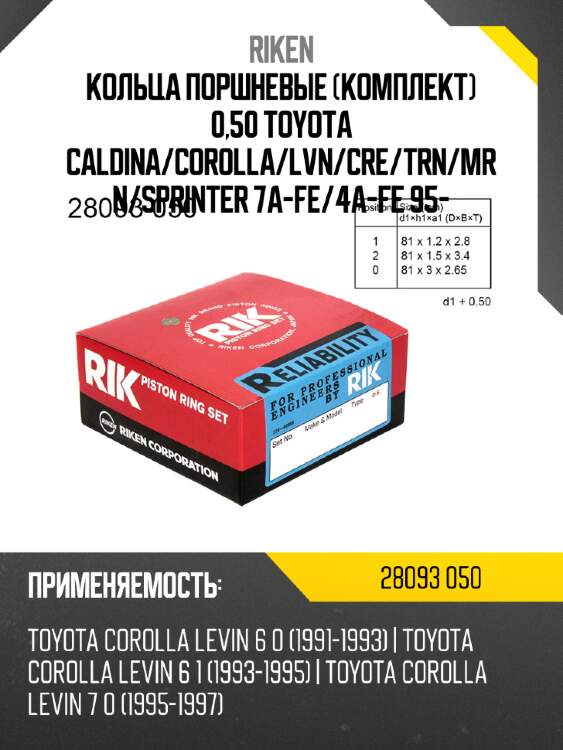 Кольца поршневые комплект 0,50 toyota caldina riken 28093 050