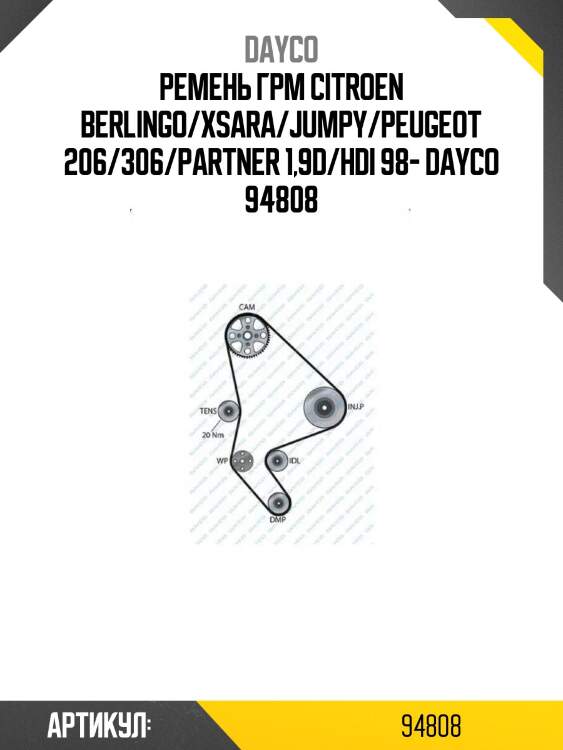 Ремень грм citroen berlingo/xsara/jumpy/peugeot 206/306/partner 1,9d/hdi 98- dayco 94808