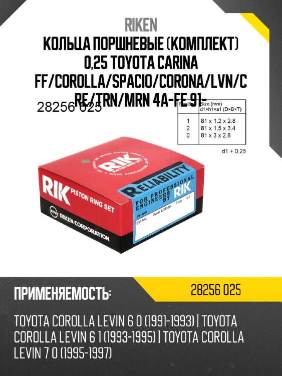 Кольца поршневые комплект 0,25 toyota carina ff riken 28256 025