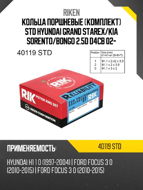 Кольца поршневые комплект std hyundai grand starex riken 40119 std