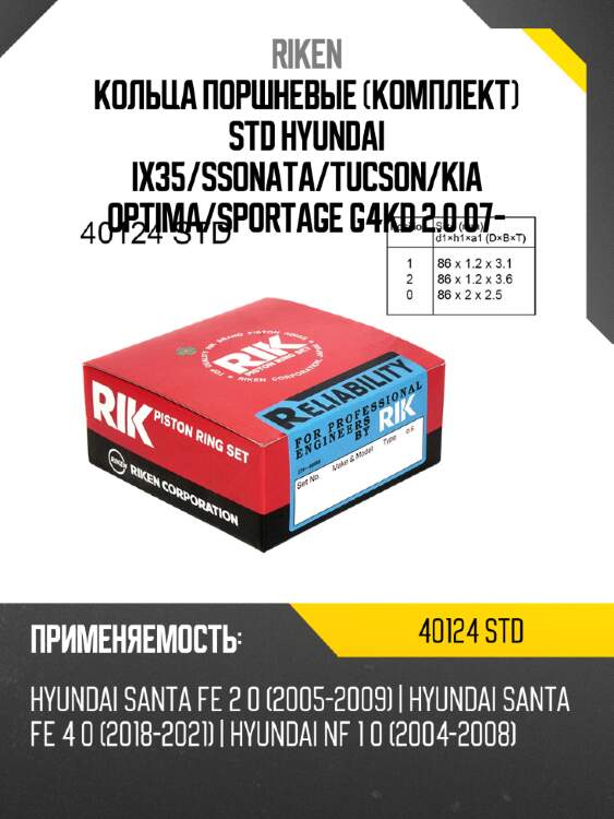 Кольца поршневые комплект std hyundai ix35 riken 40124 std