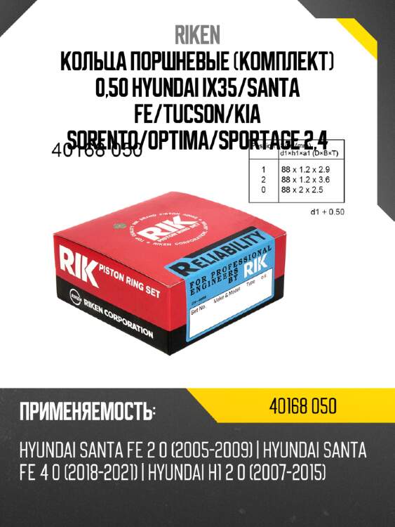 Кольца поршневые комплект 0,50 hyundai ix35 riken 40168 050