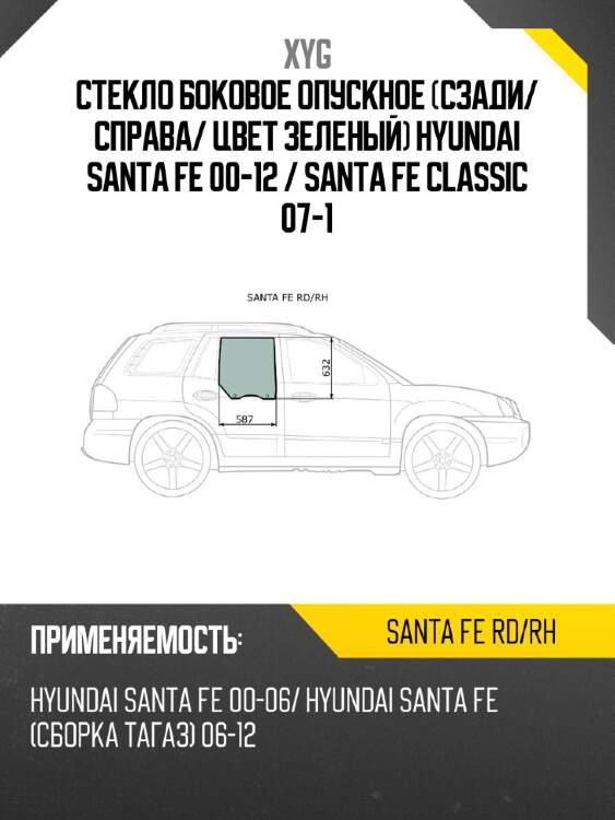 Стекло боковое опускное сзади xyg santa fe rd/rh