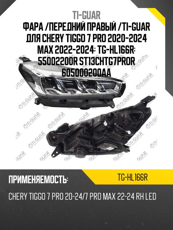 Фара /передний правый /ti-guar для chery tiggo 7 pro 2020-2024 max 2022-2024  tg-hl166r  55002200r st13chtg7pror 605000200aa