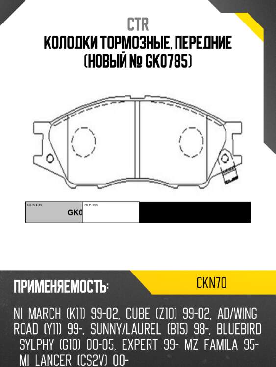 Колодки тормозные, передние (новый № gk0785) ctr ckn70