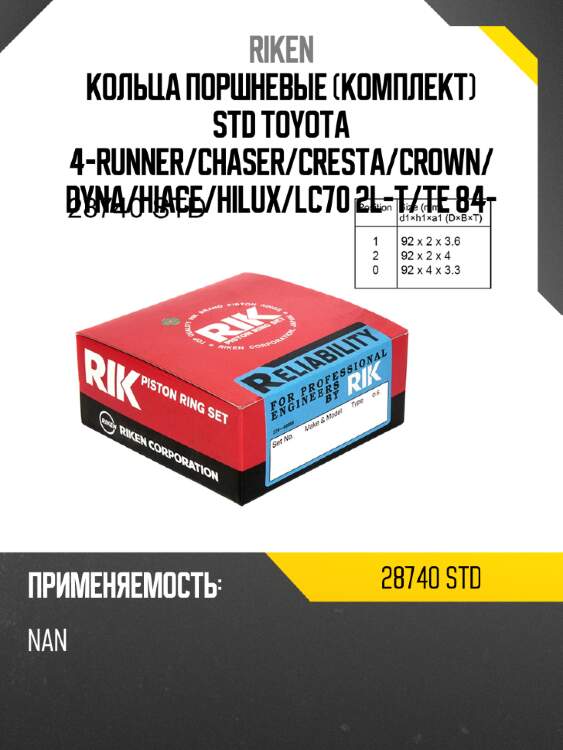 Кольца поршневые комплект std toyota 4-runner riken 28740 std