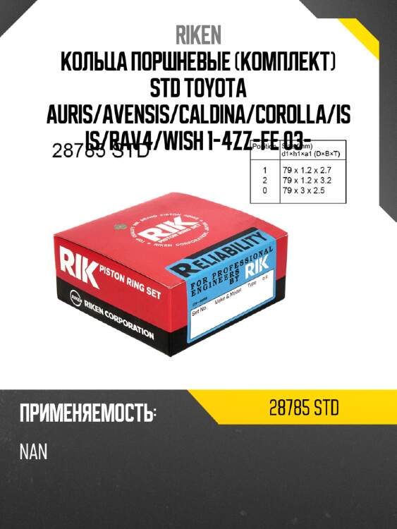 Кольца поршневые комплект std toyota auris riken 28785 std