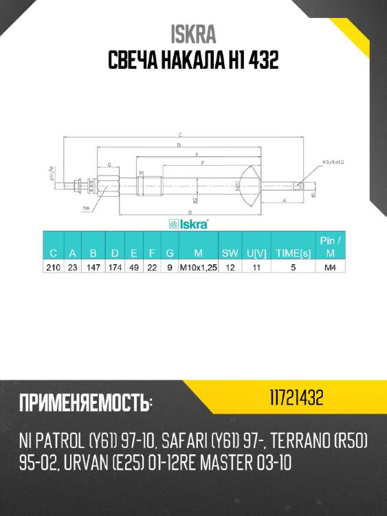 Свеча накала h1 432 iskra 11721432
