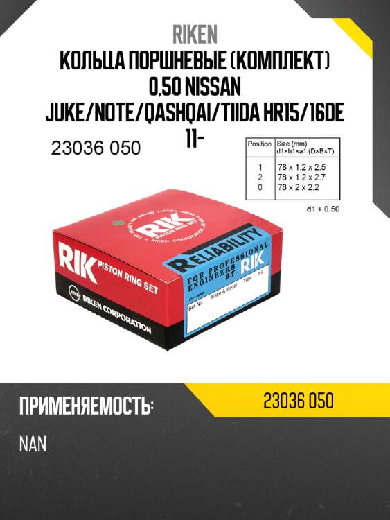 Кольца поршневые комплект 0,50 nissan juke riken 23036 050
