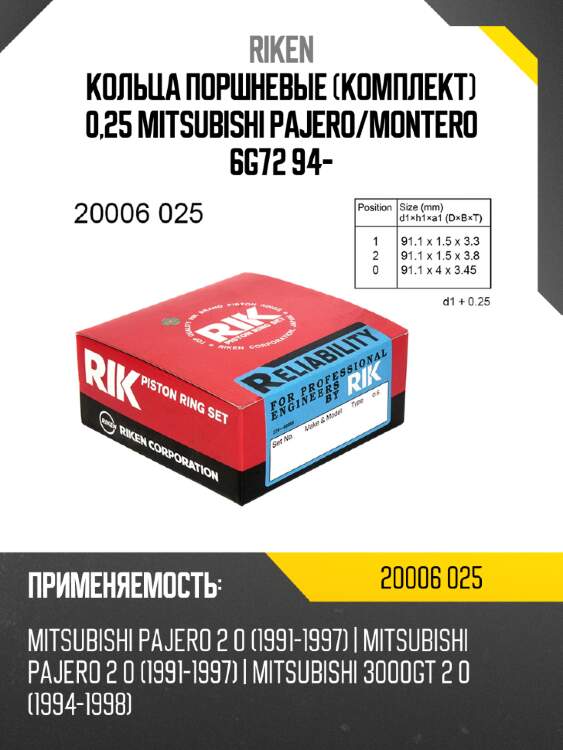 Кольца поршневые комплект 0,25 mitsubishi pajero riken 20006 025